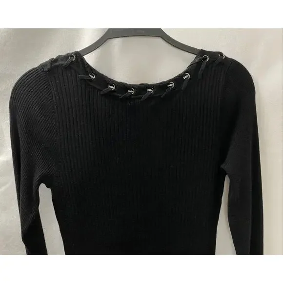 Chache Black Round Neck Long Sleeve Ribbed Knit Bodycon Dress Medium - Picture 7 of 10